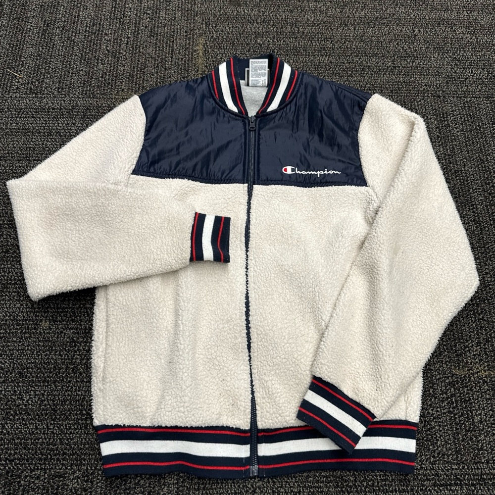 Off-White Sherpa Men's Small Varsity Trim Blue & Red Bomber Champion Jacket